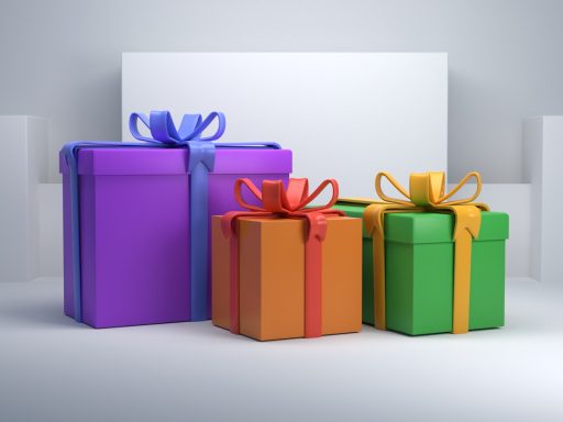 a group of three colorful gift boxes with ribbons
