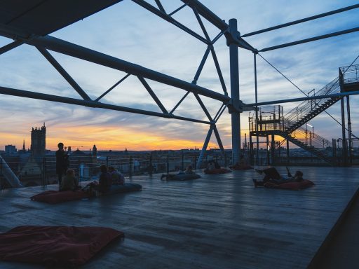 terrace, sunset, roof deck, nature, evening atmosphere, dusk, city, twilight