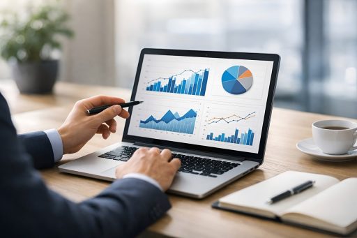 Ondernemer bekijkt webshop analytics op laptop om groeistrategie te bepalen