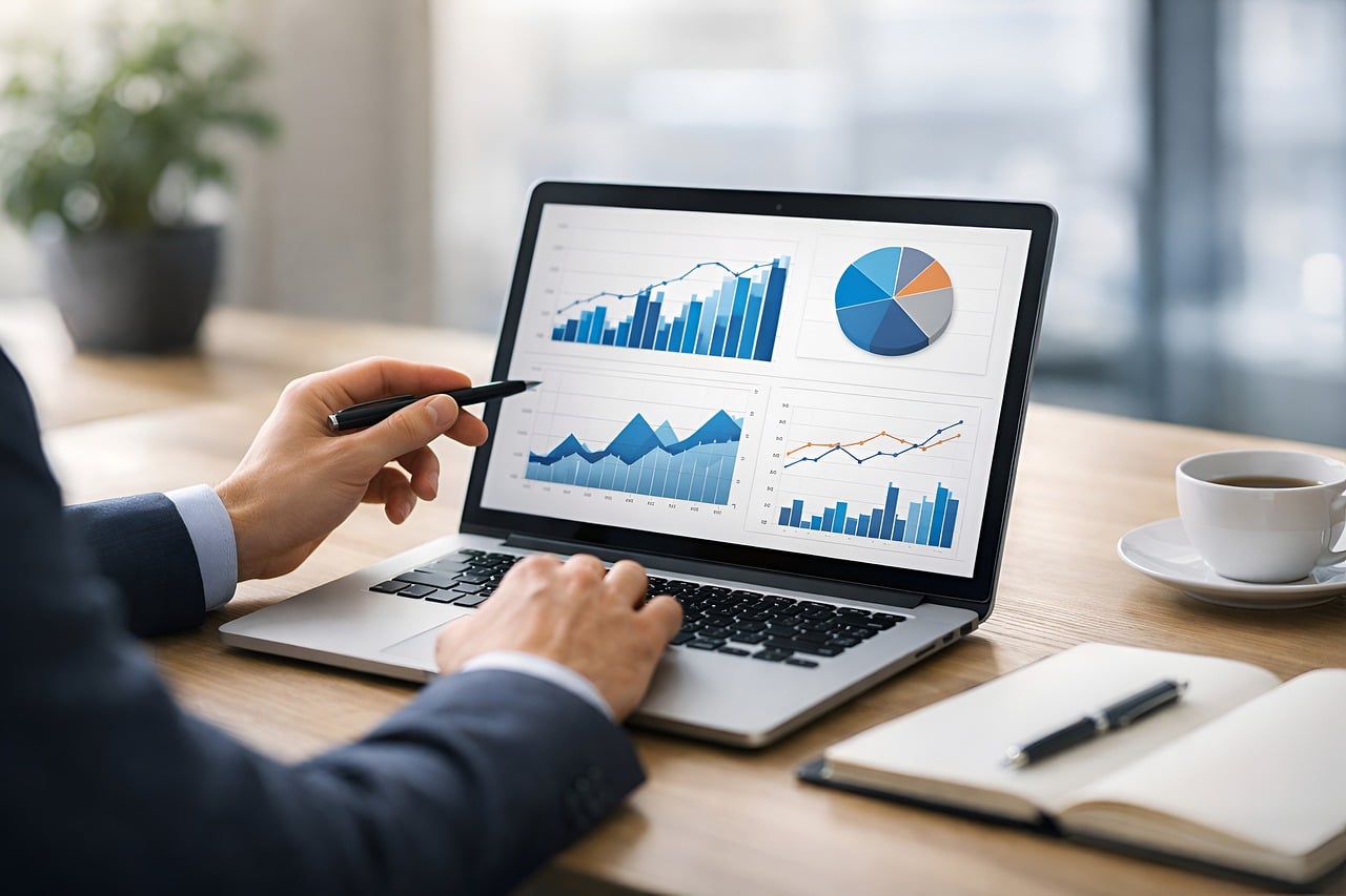 Ondernemer bekijkt webshop analytics op laptop om groeistrategie te bepalen