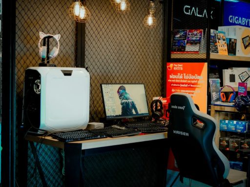 a computer desk with a monitor and a laptop on it