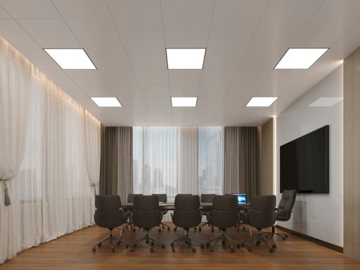Modern conference room with large table and chairs
