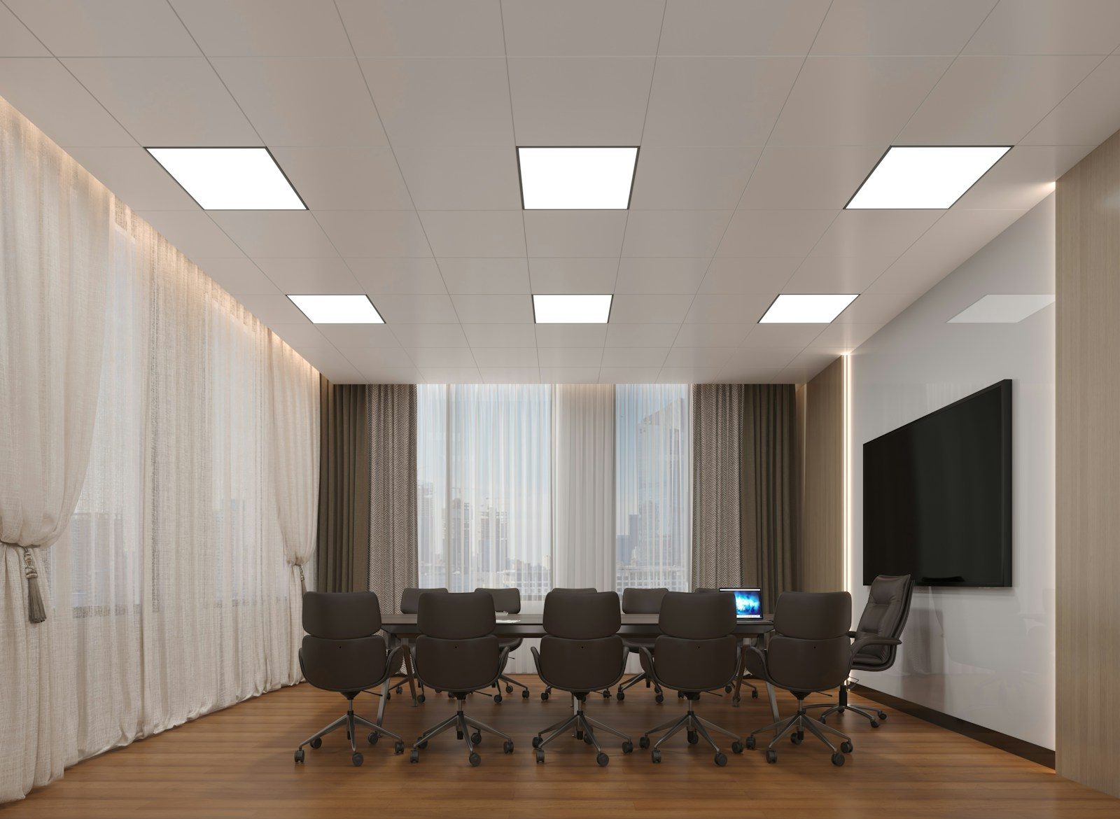 Modern conference room with large table and chairs