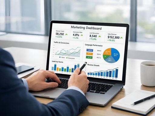 Ondernemer bekijkt e-mailmarketingdashboard op laptop