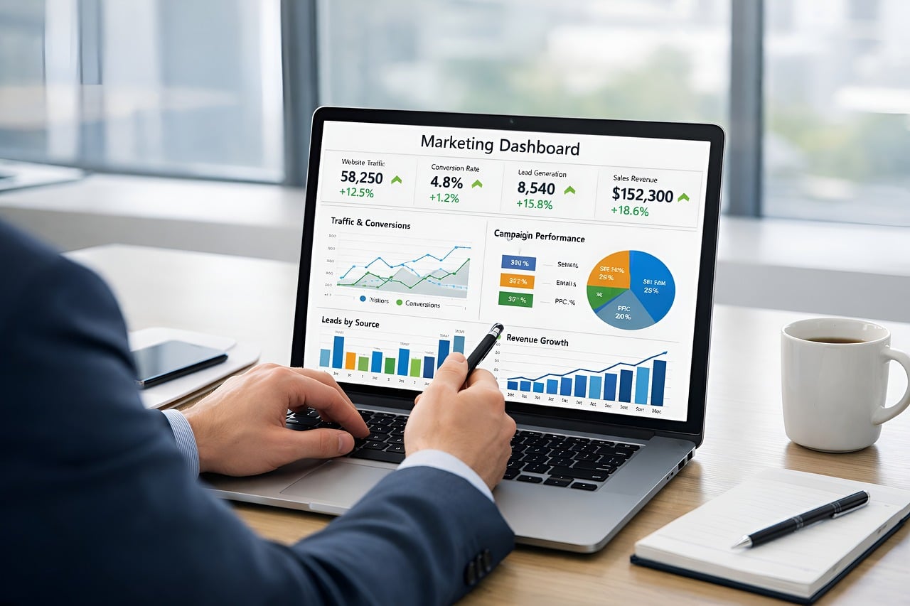 Ondernemer bekijkt e-mailmarketingdashboard op laptop