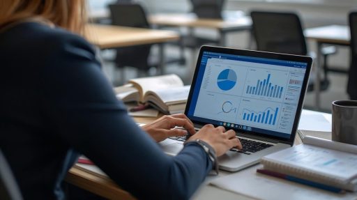 Woman working on laptop with charts and graphs