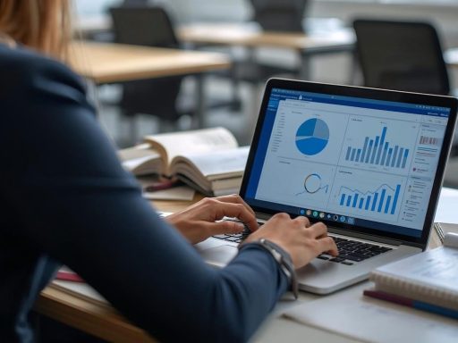 Woman working on laptop with charts and graphs