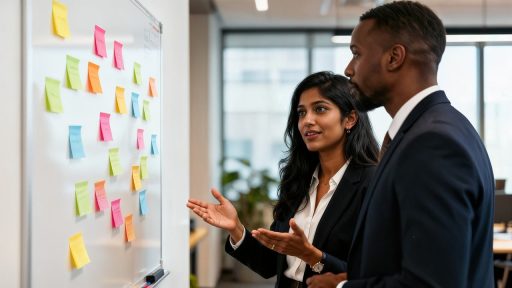Ondernemer bespreekt doelen met team op kantoor bij whiteboard