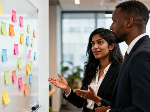 Ondernemer bespreekt doelen met team op kantoor bij whiteboard